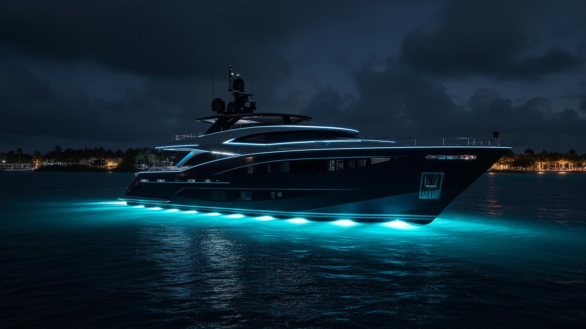 Luxury yacht at night with cyan LED accent lights in the Florida Keys